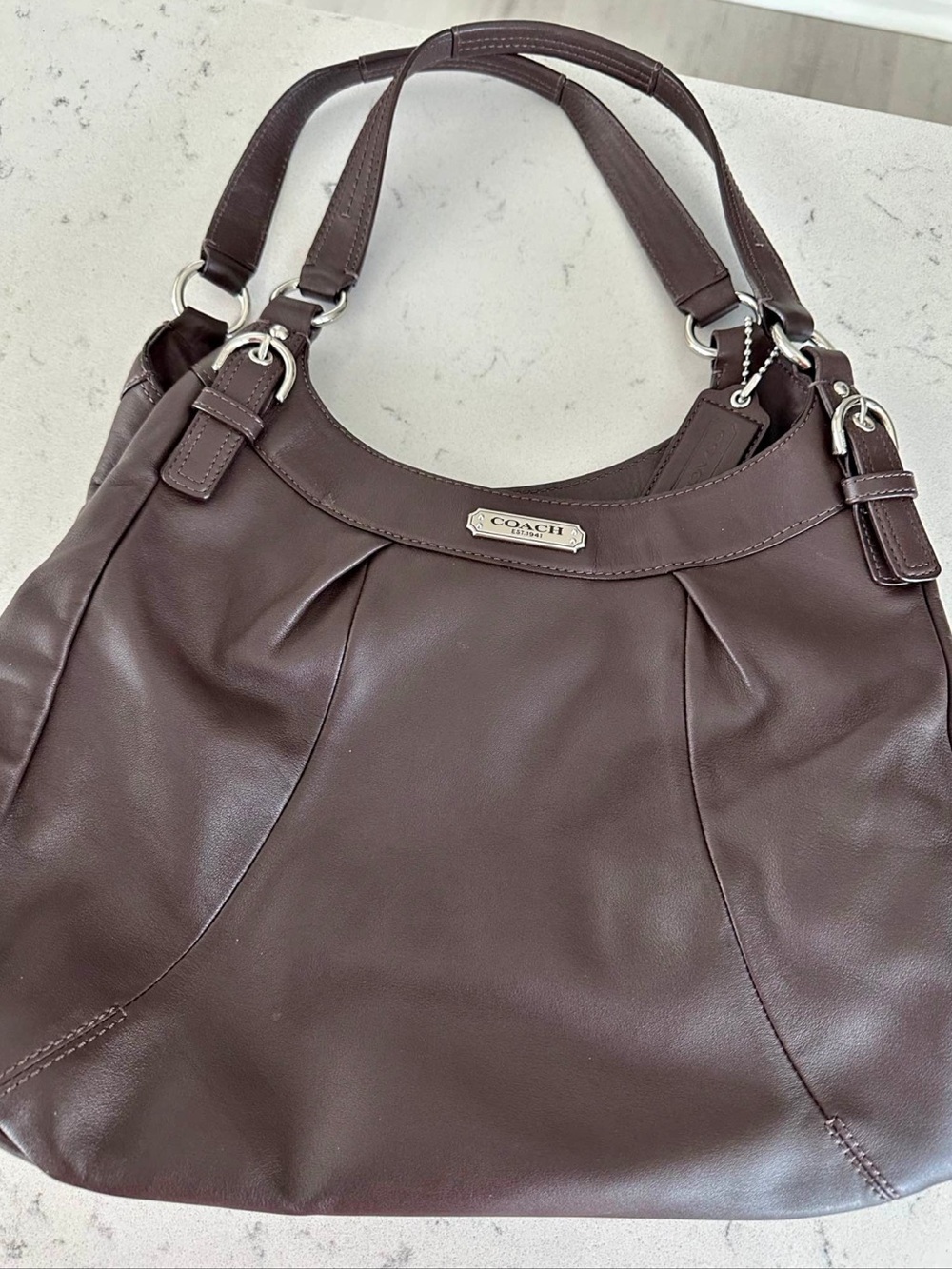 Coach Deep Brown Leather Shoulder Bag with Silver Hardware